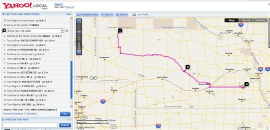 Lincoln to Chadron Map Via Broken Bow - Yahoo Distance Calculation
